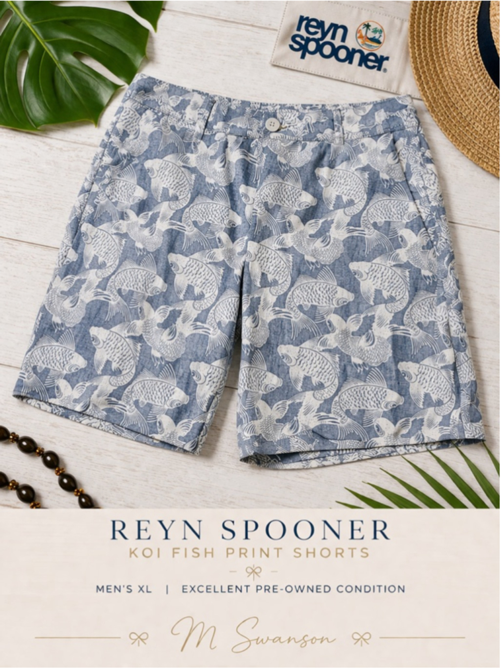 Reyn Spooner Koi Fish Shorts Men's XL Blue White Hawaiian Aloha Casual